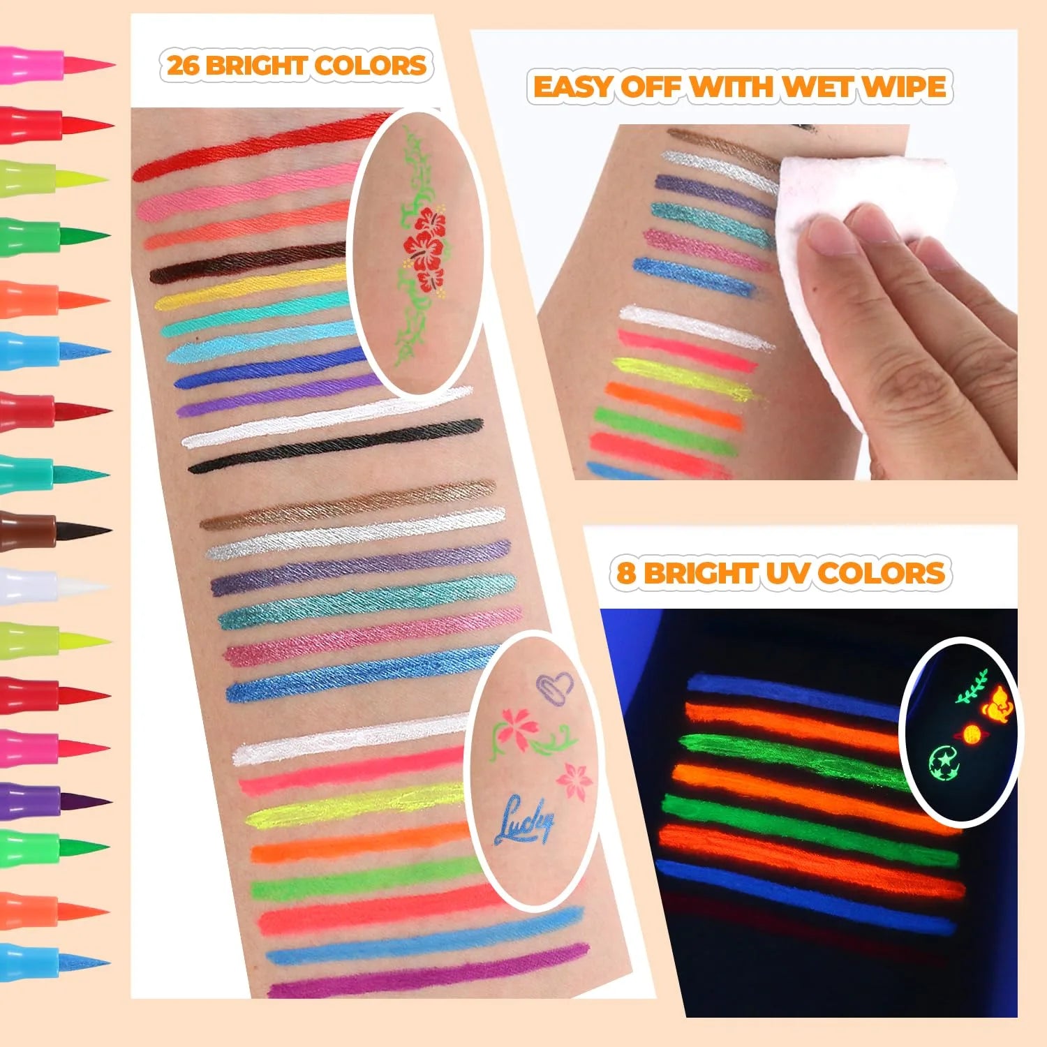 26 Colors Temporary Tattoo Face & Body Paint Markers Kit