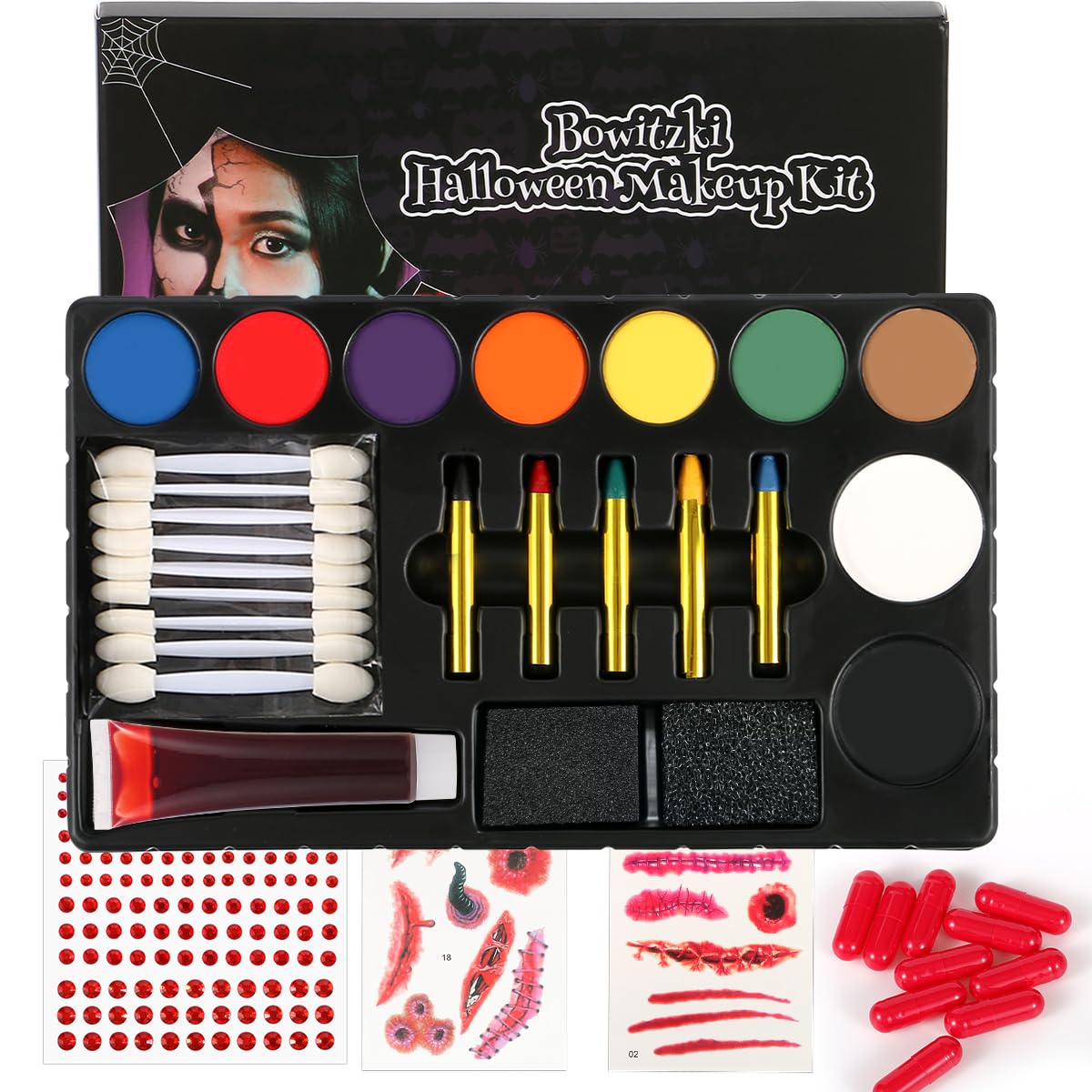 Halloween Makeup Oil Face Paint Kit with Crayon Blood Sponge Face Jewel Scar Sticker