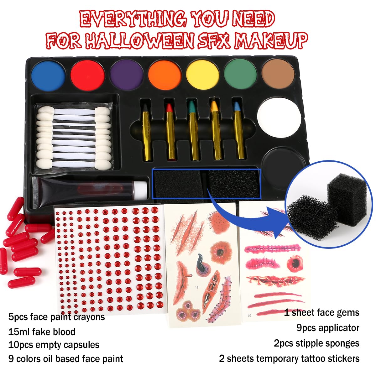 Halloween Makeup Oil Face Paint Kit with Crayon Blood Sponge Face Jewel Scar Sticker