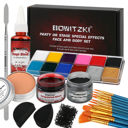 SFX Makeup Halloween Kit mit Ölgesichtsfarbe Bühnenblut Hautwachs verkohltes Aschepulver