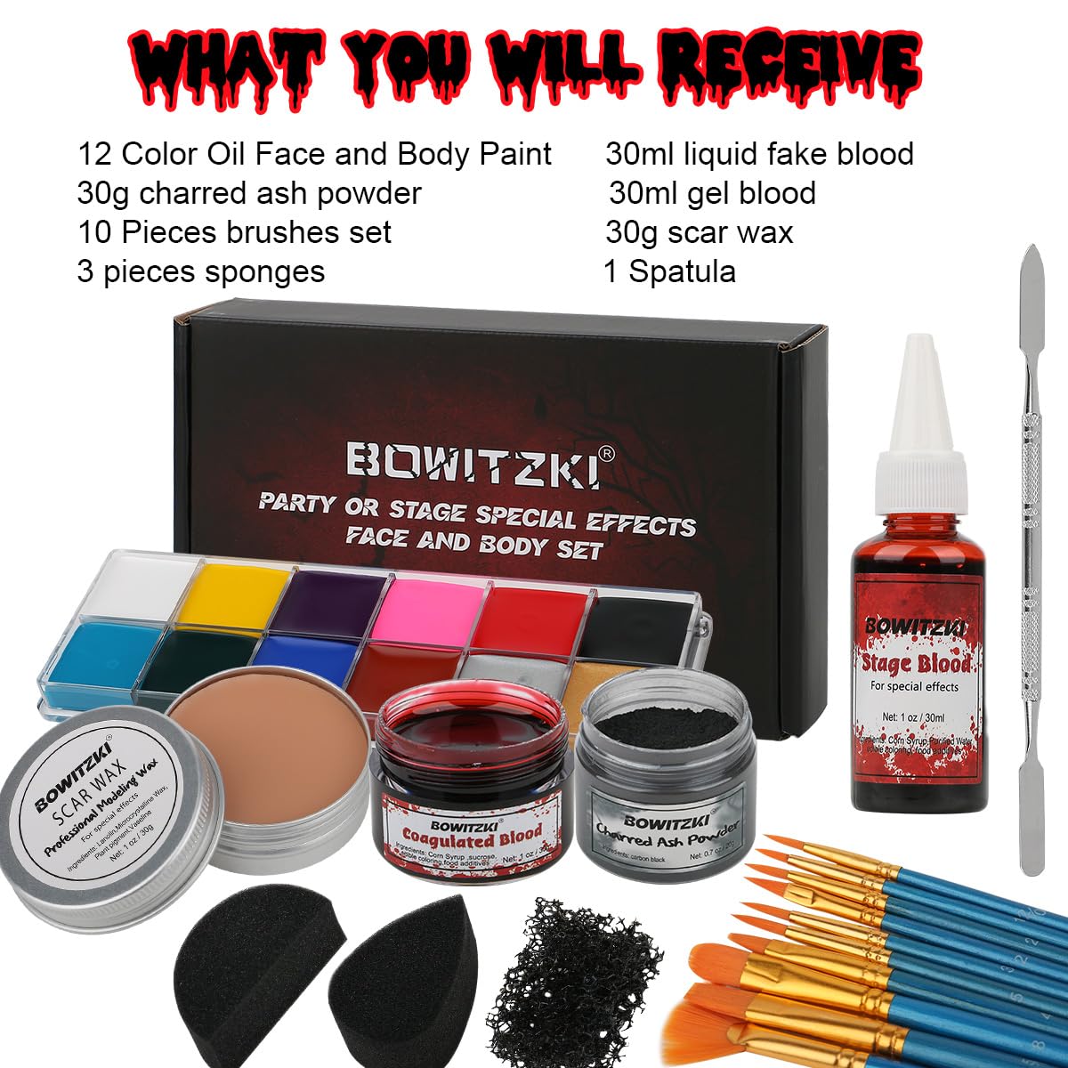 SFX Makeup Halloween Kit mit Ölgesichtsfarbe Bühnenblut Hautwachs verkohltes Aschepulver